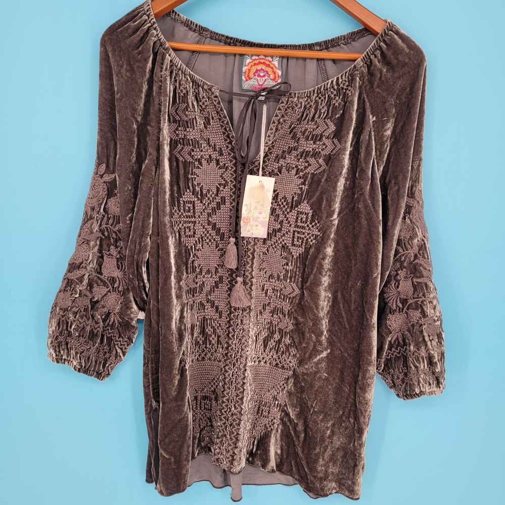Johnny Was Daniella Velvet Peasant Blouse Gray Embroidered Silk Blend Tunic NWT